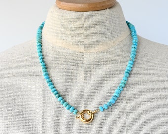 Hand Knotted Kingman Turquoise Necklace with Gold Filled Sailors Clasp, Unique Gemstone Candy Necklace