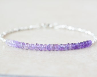 February Amethyst Birthstone Bracelet, Ombre Gemstone Beaded Bracelet, Hill Tribe Silver, Dainty Womens Jewelry, Mothers Day Gift For Her