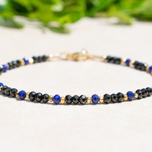 Black Spinel & Lapis Bracelet, Beaded Gemstone Jewelry, Delicate Thin Women&#39;s Bracelet, Stacking Bracelet, Handmade Birthday Gift For Her