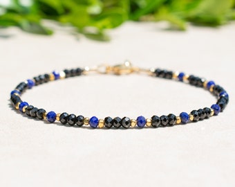 Black Spinel & Lapis Bracelet, Beaded Gemstone Jewelry, Delicate Thin Women's Bracelet, Stacking Bracelet, Mothers Day Gift For Her