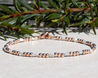 Raw Diamond Beaded Bracelet for Women, Delicate Rose Gold Filled April Birthstone Jewelry, Mothers Day Gift for Her