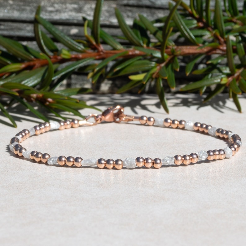 Raw Diamond Beaded Bracelet for Women, Delicate Rose Gold Filled April Birthstone Jewelry, Mothers Day Gift for Her immagine 1