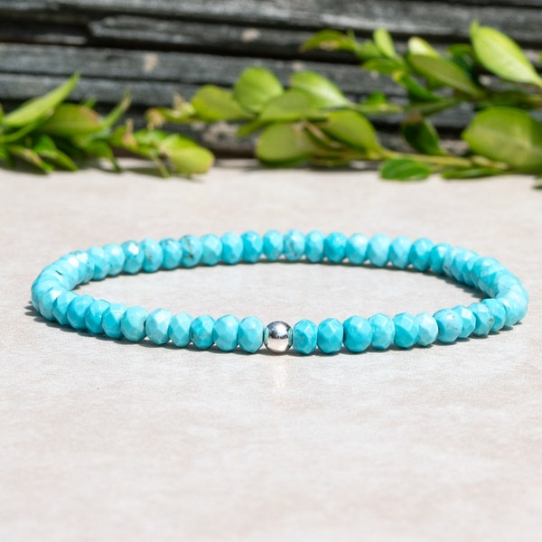 STRETCH BRACELET Natural Genuine Turquoise Stretch Bracelet for Men and Women, Custom Size and Finish. Small Beads at 4mm, Unisex Jewelry