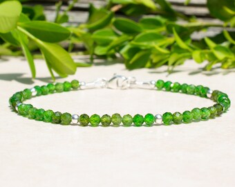 Chrome Diopside Bracelet, Natural Gemstone Beaded Bracelet for Women, Sterling Silver, Dainty Delicate Jewelry, Mothers Day Gift For Her