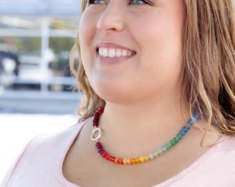 Hand Knotted Rainbow Gemstone Necklace, Sterling Silver Sailor Clasp, Colorful Beaded Necklace, Gift for Women, Handcrafted Jewelry (NW)