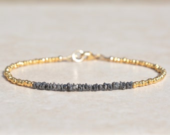 Black Diamond Bracelet, Raw Rough Diamond, April Birthstone, Beaded Gemstone Bracelet, Dainty Gold Bracelet, Valentine's Gift For Her