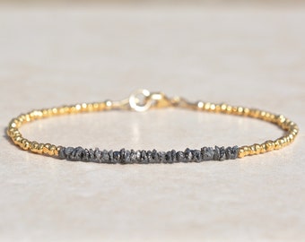 Black Diamond Bracelet, Raw Rough Diamond, April Birthstone, Beaded Gemstone Bracelet, Dainty Gold Bracelet, Mothers Day Gift For Her