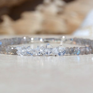 Herkimer Diamond Labradorite Gemstone Bracelet, April Bead Birthstone, Womens Dainty Jewelry, Crystal Bracelet, Birthday Gift For Her