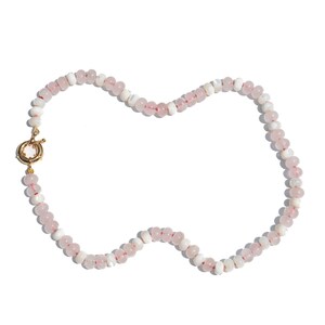 Natural Rose Quartz & Mother of Pearl Hand Knotted on White Silk, With Sterling Silver Connector, Gemstone Jewelry for Women, Gift for Her