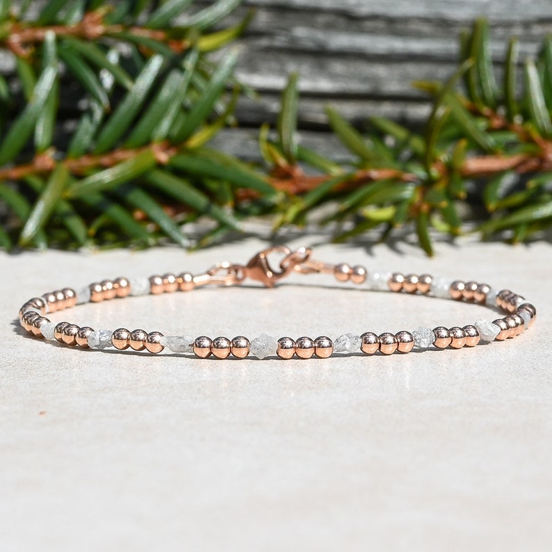 Raw Diamond Beaded Bracelet for Women, Delicate Rose Gold Filled April Birthstone Jewelry, Mothers Day Gift for Her immagine 4