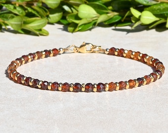 Natural Orange Hessonite Garnet Beaded Bracelet | Stacking or layering January Birthstone Jewelry with Gold Accents. | Gift For Her