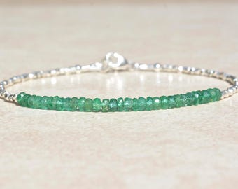 Zambian Emerald Gemstone Bracelet, May Birthstone Bracelet, Karen Hill Tribe Silver, Delicate Beaded Jewelry, Mothers Day Gift for Her