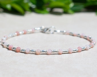 Pink Opal Beaded Gemstone Bracelet, Dainty Delicate October Birthstone Jewelry, Sterling Silver Stacking Bracelet, Mothers Day Gift For Her