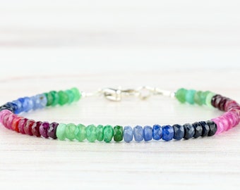 Rainbow Bracelet for Women, Emerald Ruby Sapphire Bracelet, Sterling Silver Bracelet, Natural Gemstone Jewelry, Mothers Day Gift For Her