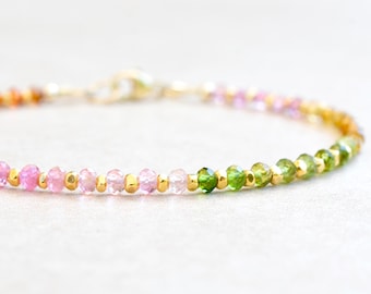 October Birthstone, Watermelon Tourmaline Bracelet, Beaded Gemstone Gold Jewelry, Very Dainty Delicate Bracelet, Mothers Day Gift for Her