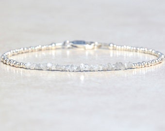 April Birthstone Diamond Bracelet, Genuine Raw Diamond Bracelet, Silver Beaded, Delicate Rough Diamond Bracelet, Birthday Gift for Her