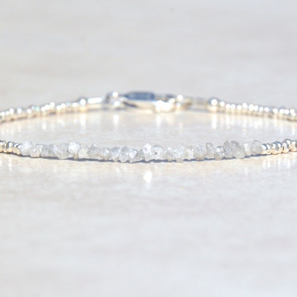 April Birthstone Diamond Bracelet, Genuine Raw Diamond Bracelet, Silver Beaded, Delicate Rough Diamond Bracelet, Mothers Day Gift for Her