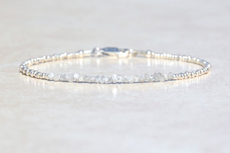 April Birthstone Diamond Bracelet, Genuine Raw Diamond Bracelet, Silver Beaded, Delicate Rough Diamond Bracelet, Mothers Day Gift for Her image 1