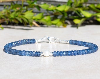 Natural Burma Blue Sapphire & Freshwater Pearl Beaded Bracelet | Dainty Women's September Birthstone Gemstone Jewelry | Stacking Bracelet