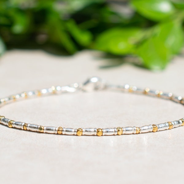 Karen Hill Tribe Silver and Gold Vermeil Bracelet, Dainty Beaded Bracelet, Women's Jewelry, Stacking Bracelet, Birthday Gift for Her