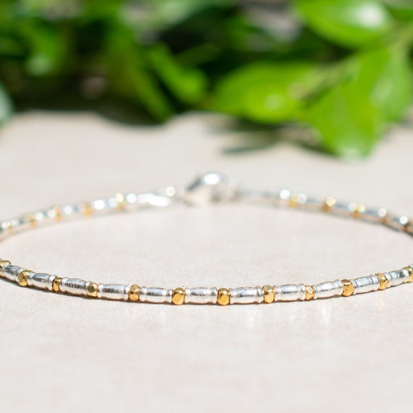 Karen Hill Tribe Silver and Gold Vermeil Bracelet, Dainty Beaded Bracelet, Women's Jewelry, Stacking Bracelet, Mothers Day Gift for Her