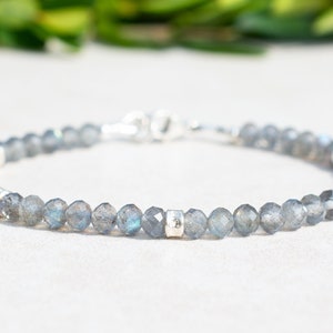 Labradorite Bracelet, Sterling Silver, Beaded Gemstone Bracelet, Dainty Delicate Bracelet, Women&#39;s Jewelry, Birthday Gift for Her