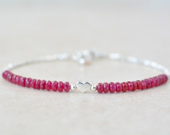 Natural Ruby Bracelet, July Birthstone Bracelet, Delicate Silver Beaded Gemstone Jewelry, Mothers Day Gift For Her