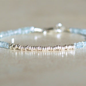 Aquamarine Bracelet, March Birthstone, Blue Beaded Gemstone Jewelry, Sterling Silver, Dainty Stacking Bracelet, Birthday Gift For Her
