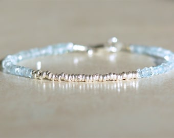 Aquamarine Bracelet, March Birthstone, Blue Beaded Gemstone Jewelry, Sterling Silver, Dainty Stacking Bracelet, Mothers Day Gift For Her