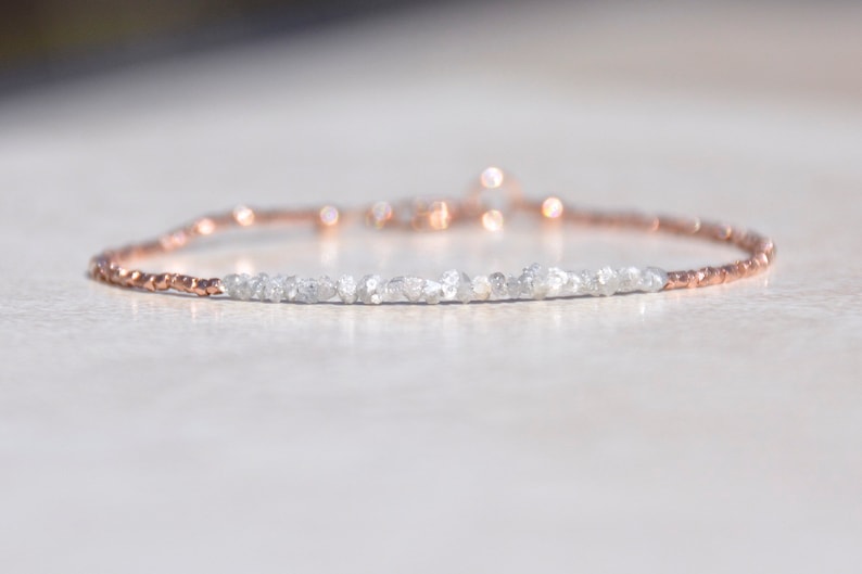 Diamond Bracelet, Raw Rough Diamond, Rose Gold Jewelry, April Birthstone, Delicate Beaded Gemstone Bracelet, Mothers Day Gift for Her image 3