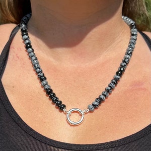 Snowflake Obsidian Hand Knotted Gemstone Necklace with Sterling Silver Clasp, Birthday Gift for Her