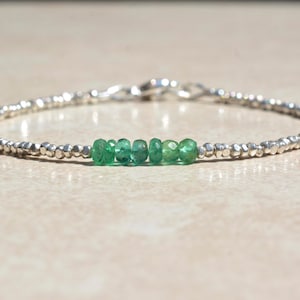 Zambian Emerald Bracelet, May Birthstone Bracelet, Natural Emerald Gemstone Jewelry, Silver Beaded Bracelet, Birthday Gift for Women