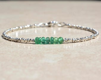 Zambian Emerald Bracelet, May Birthstone Bracelet, Natural Emerald Gemstone Jewelry, Silver Beaded Bracelet, Mothers Day Gift for Women