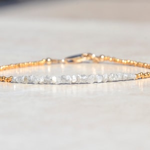 April Birthstone Diamond Bracelet, Raw Rough Diamonds, Beaded Gemstone Bracelet, Delicate Gold Vermeil Bracelet, Mothers Day Gift for Her image 1
