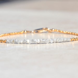 April Birthstone Diamond Bracelet, Raw Rough Diamonds, Beaded Gemstone Bracelet, Delicate Gold Vermeil Bracelet, Birthday Gift for Her image 1