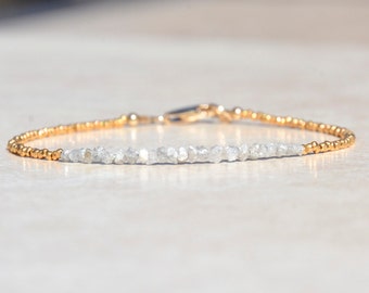 April Birthstone Diamond Bracelet, Raw Rough Diamonds, Beaded Gemstone Bracelet, Delicate Gold Vermeil Bracelet, Mothers Day Gift for Her