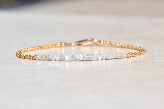 April Birthstone Diamond Bracelet, Raw Rough Diamonds, Beaded Gemstone Bracelet, Delicate Gold Vermeil Bracelet, Birthday Gift for Her
