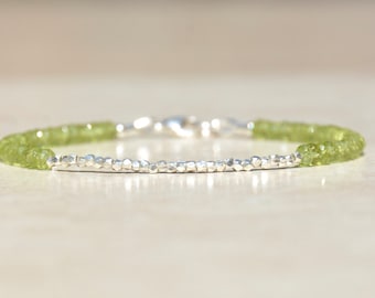 Peridot Birthstone Bracelet, Sterling Silver, Gemstone Beaded Bracelet, Green August Birthstone, Stack Bracelet, Mothers Day  Gift For Women