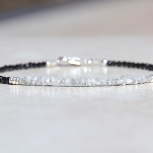 April Diamond Birthstone Bracelet, Natural Raw Rough Diamonds, Womens Delicate Black Spinel Beaded Jewelry, Birthday Gift For Her