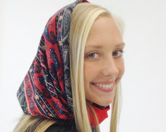 Women's Snood Scarf - Knit Stretch Cowl Neck Warmer - Reversible Red-Print Hood Scarf - Gift for Her