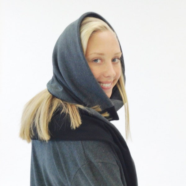 Women's Snood Scarf - Knit Stretch Cowl Neck Warmer - Reversible Grey Black Hood Scarf - Gift for Her