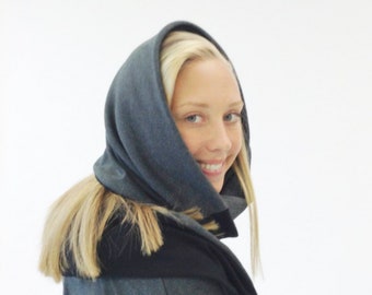 Sciarpa Snood da donna - Scaldacollo a cappuccio elasticizzato in maglia - Sciarpa con cappuccio nero grigio reversibile - Regalo per lei