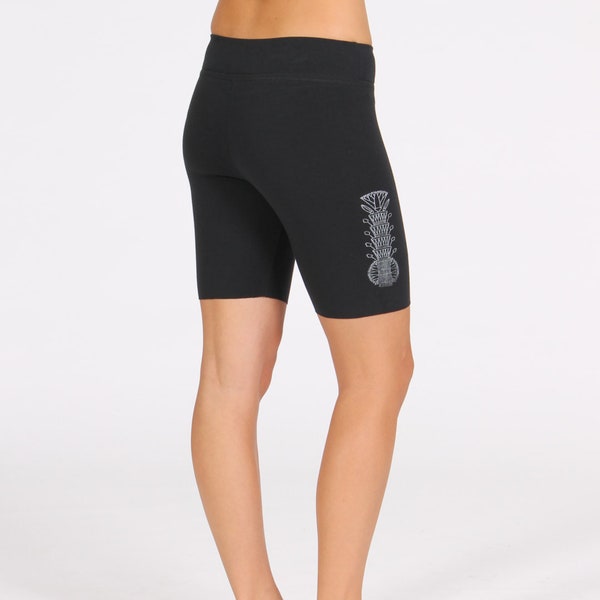 Women's Fitted Shorts with Lotus Print - Black Yoga Mid Rise Shorts - Activewear,Pilates Stretch Cotton Shorts - XS,S,M,L,XL