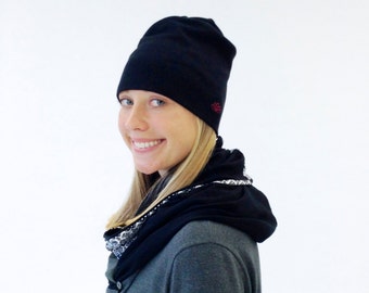 Women's Beanie Hat - Black Stretch Cotton Slouchy Hat - Boho Beanie - Yoga Hat - Gift for Her