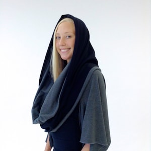 Women's Infinity Scarf - Stretch Jersey Cotton Cowl Scarf - Grey Black Neck Warmer - Reversible Warm Hood Scarf - Gift For Her