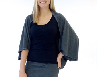 Women's Kimono Sleeve Open Shrug - Grey Loose Stretch Jersey Wrap - Perfect Layering Piece - Yoga Cover-Up