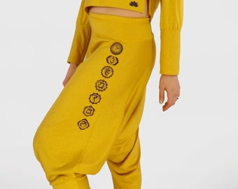 Women's Chakras Harem Pants In Mustard, Yoga Boho Drop Crotch Cuffed Oversized Trousers, Stretchy Aladdin Pants