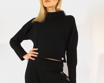 Women's Cropped Long Sleeve Mock Neckline Pullover In Black, Anahata Print Yoga Boho Relaxed Fit Handmade Solid Tee