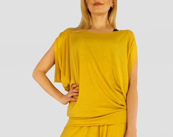 Women's Scoop Neck Sleeveless Relaxed Fit Solid Mustard Tunic, Boho Style Draped Armhole Stretch Jersey Handmade Outfit