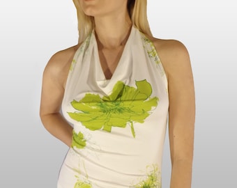 Top halter con estampado floral hecho a mano, blusa sin mangas con cuello drapeado